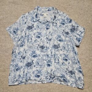 Rachel Zoe Linen Button Down Shirt Women's‎ Large White Blue Tiger Palm Print